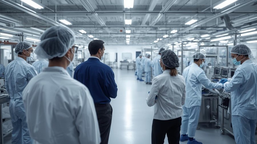 Auditors and facility staff in a pharmaceutical manufacturing area