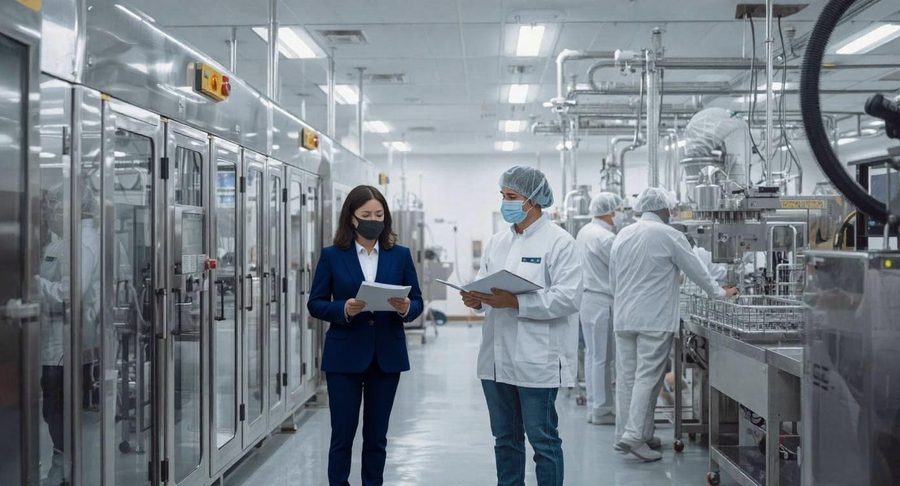 Auditor reviewing documentation on a production floor